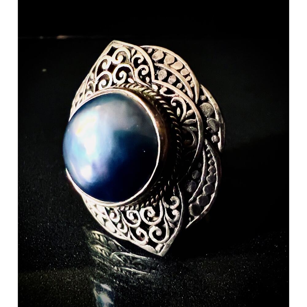 Large Vintage Mabe Pearl Bali Filigree Ring - Picture 6 of 11